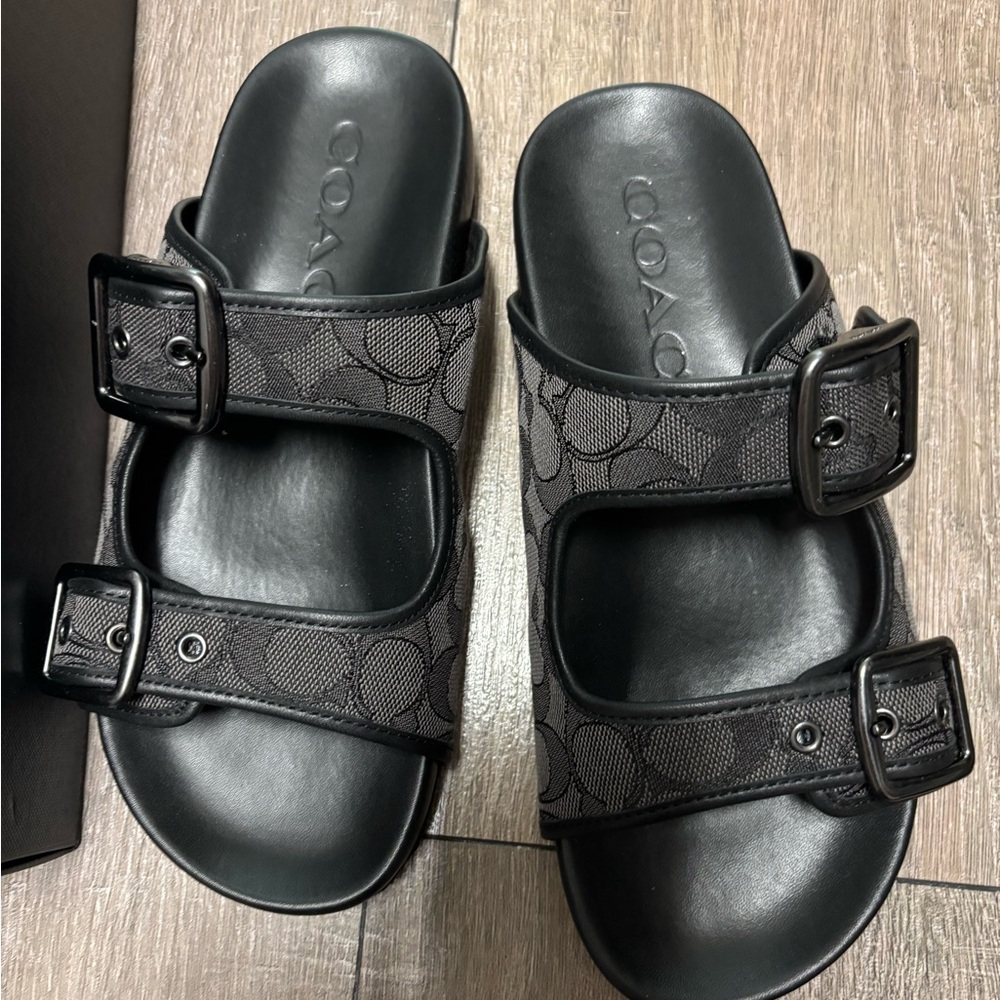 Coach Black Double Buckle Slides